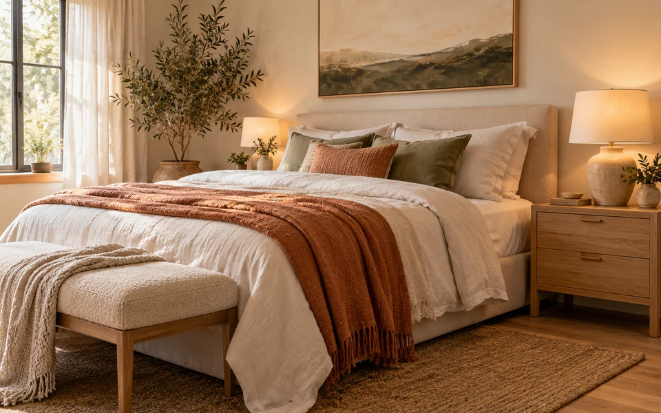Warm bedroom with layered linen bedding, an oak nightstand, soft lamps, and a terracotta throw