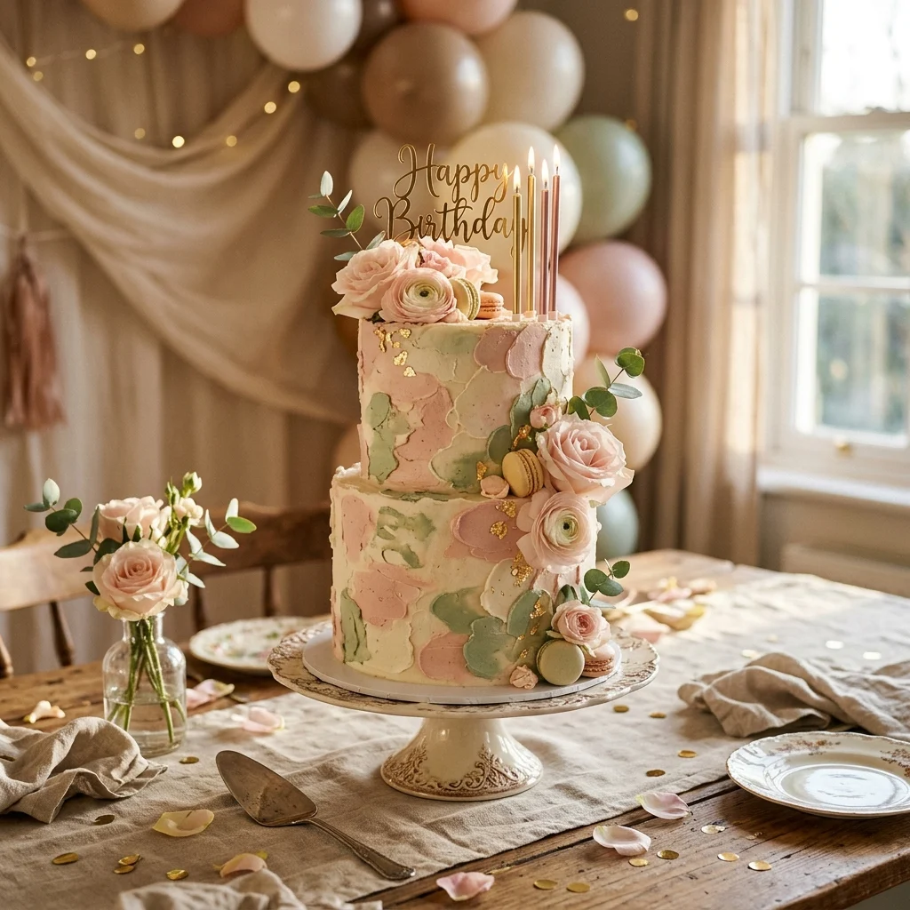 Elegant pastel birthday cake with flowers and candles at a warmly decorated celebration table