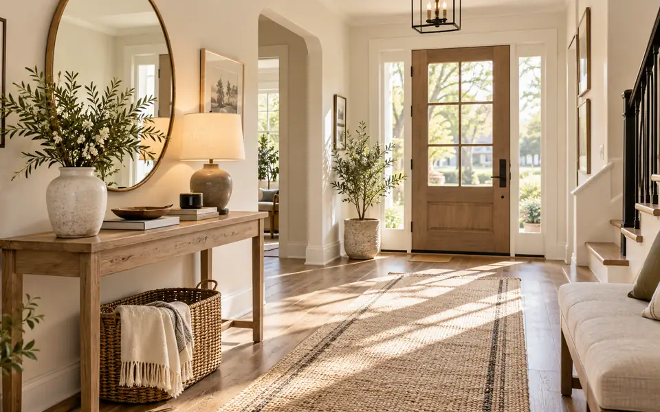 Bright entryway with an oak console table, round mirror, stoneware vase, soft bench, and woven runner rug