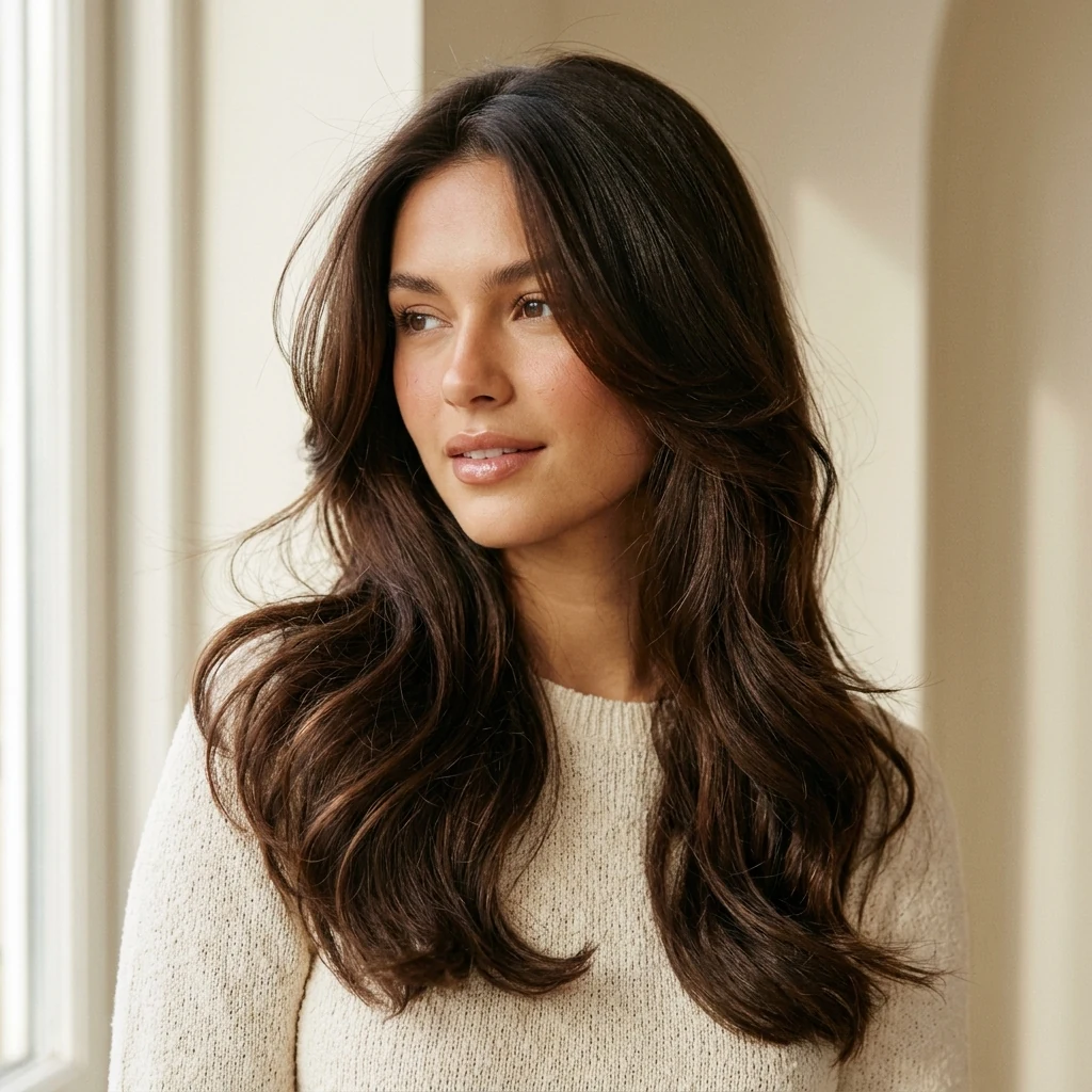 A woman with long softly styled hair shown in a warm beauty editorial portrait
