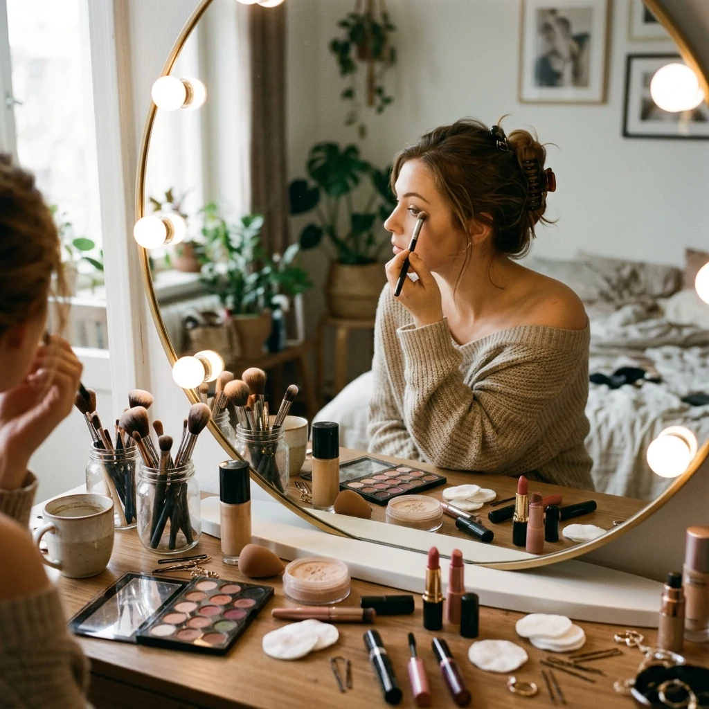 Makeup essentials arranged on a warm neutral beauty surface with soft natural light