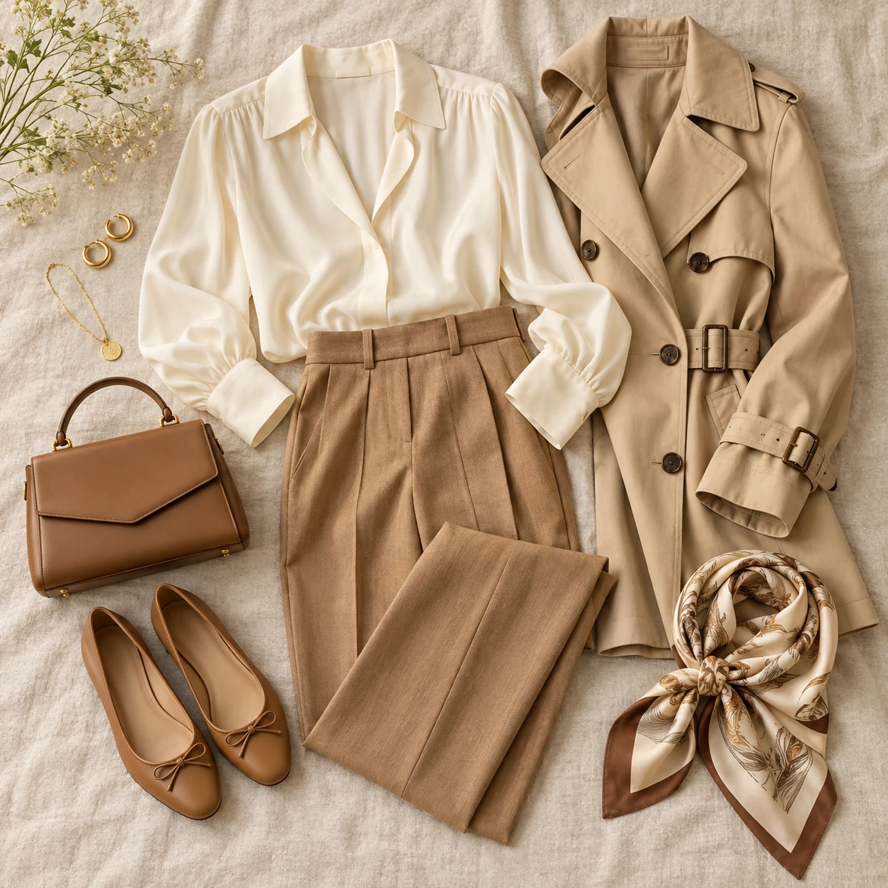 A thoughtfully arranged outfit with neutral clothing, a leather handbag, shoes, and warm natural light