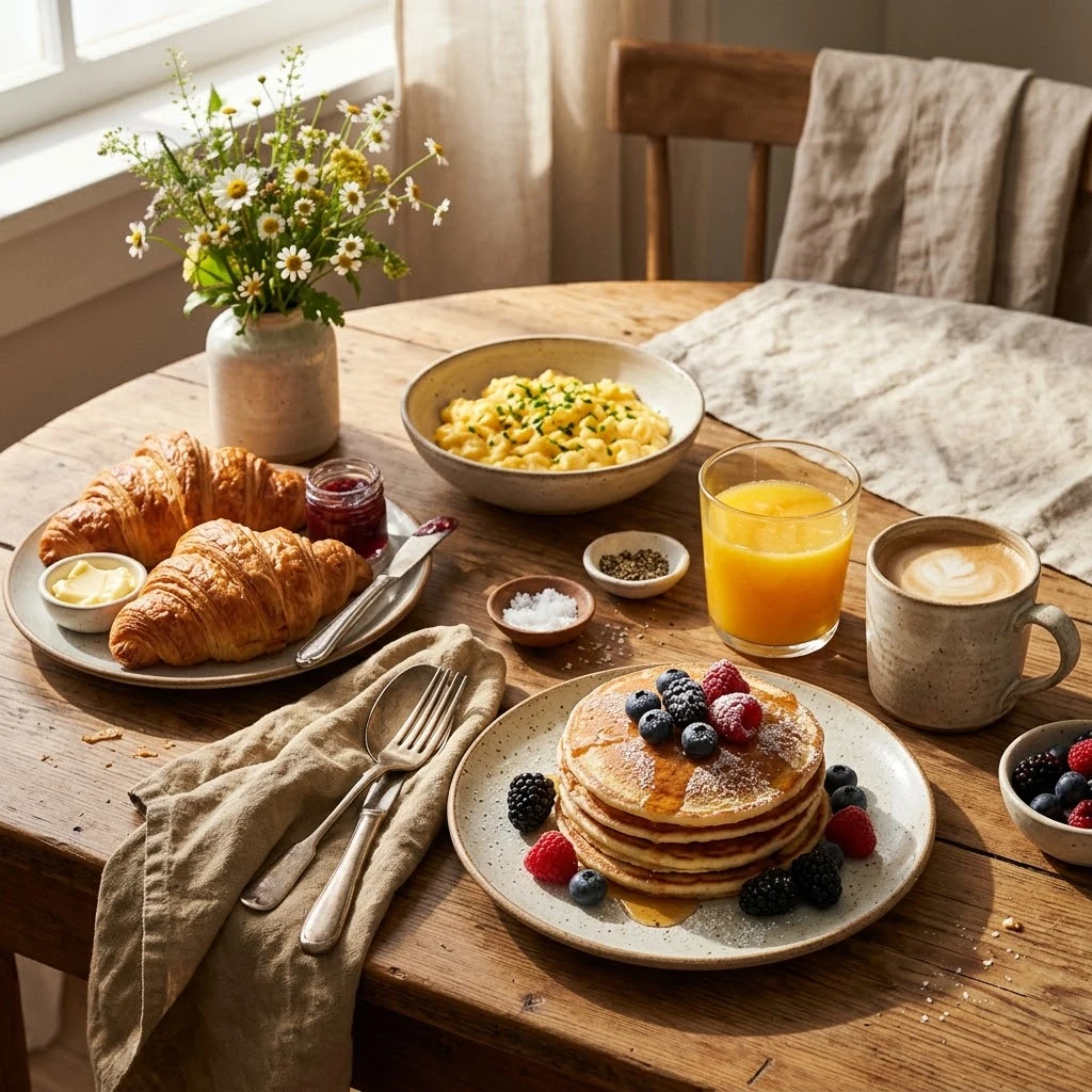A fresh breakfast and brunch spread arranged on a warm wooden table in a bright kitchen