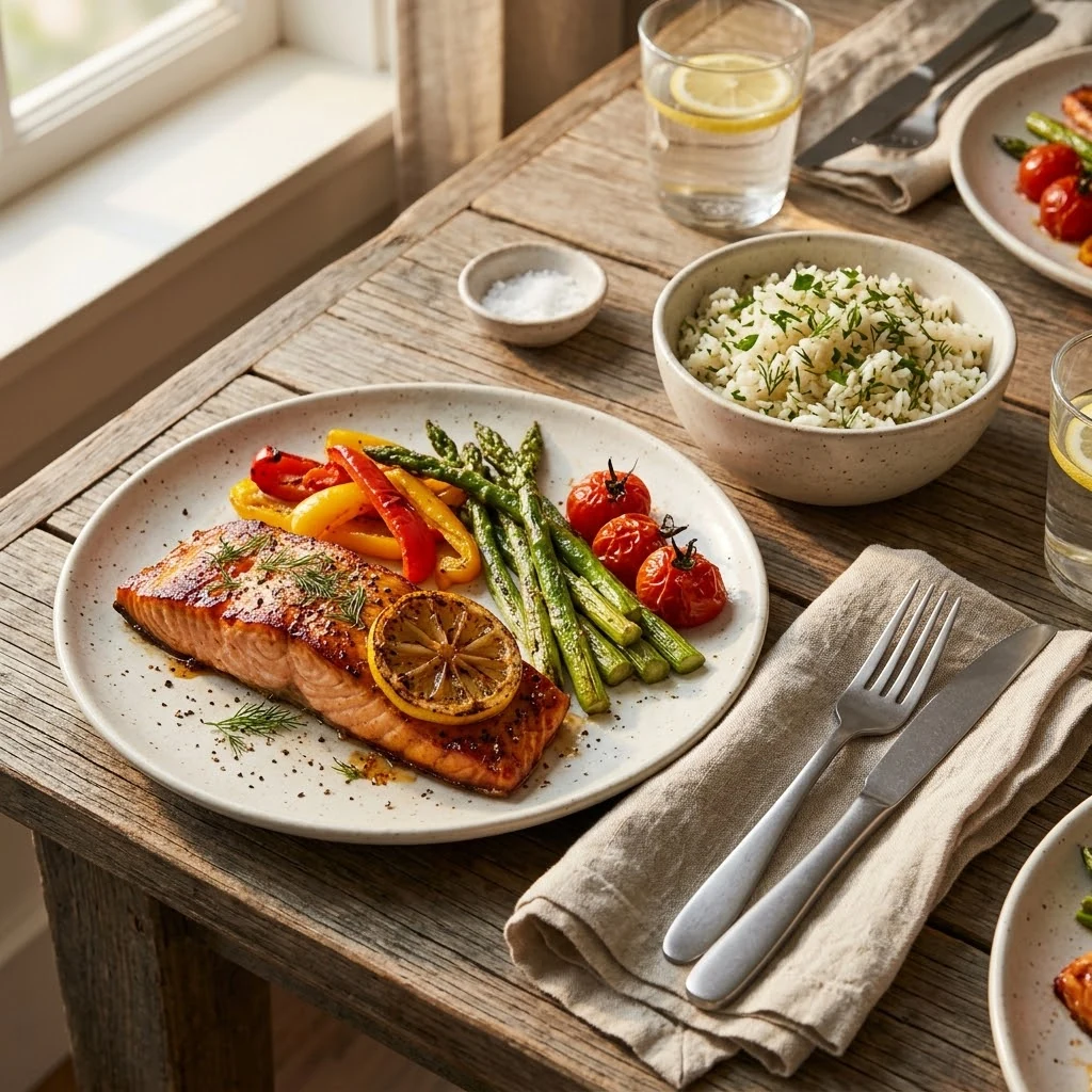 A roasted salmon and vegetable dinner arranged on a welcoming table