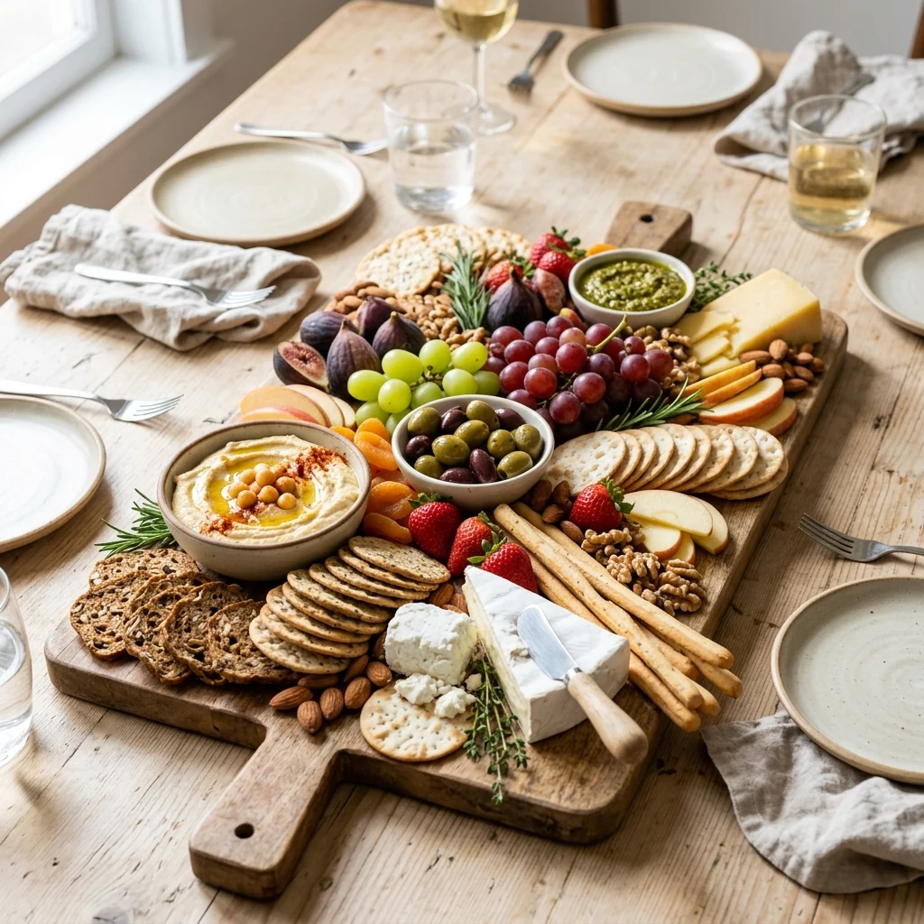 A colorful snack-sharing board arranged for a relaxed gathering