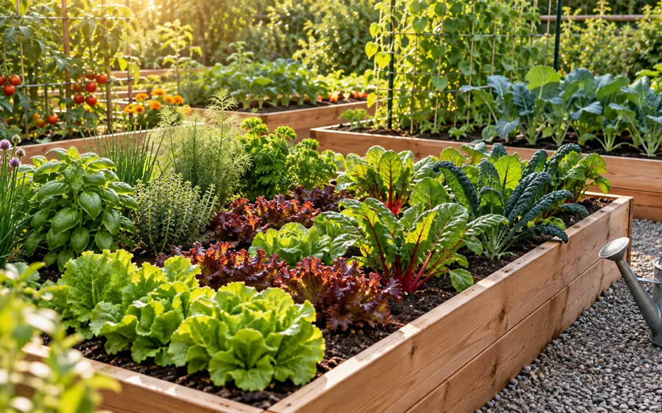 Raised cedar beds filled with leafy vegetables and herbs in morning light