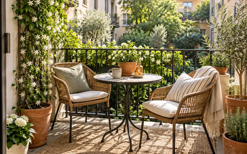 Compact apartment patio with a bistro table, woven chairs and flowering planters