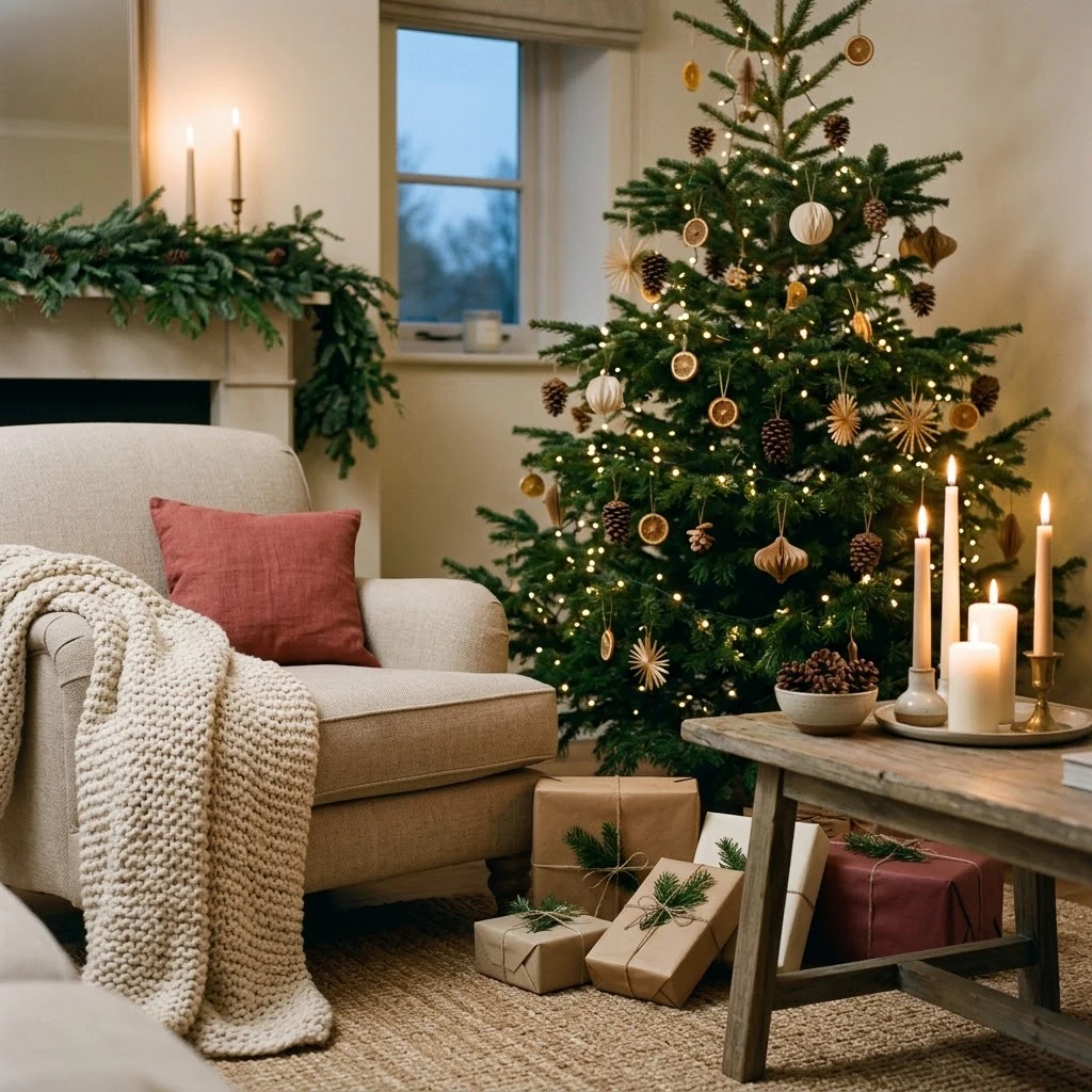 A cozy Christmas living room with a decorated tree, warm lights, and seasonal details