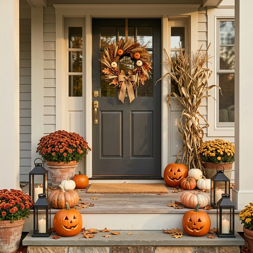 A Halloween porch decorated with pumpkins, autumn details, and warm welcoming light
