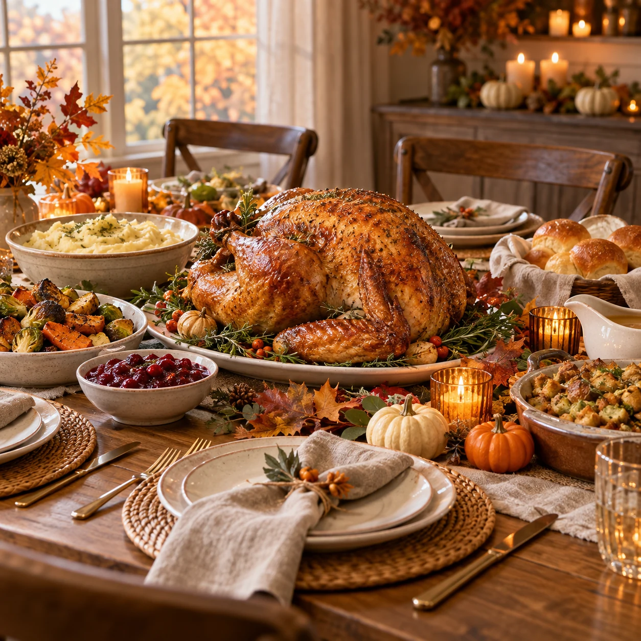 A golden Thanksgiving table set with a roasted turkey, autumn decorations, and warm candlelight