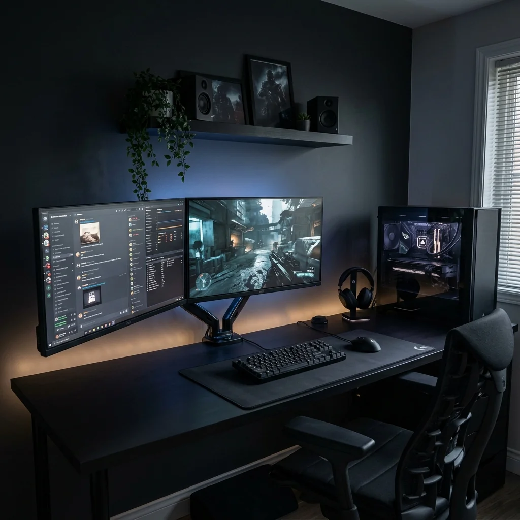 Dual-monitor black gaming setup with a glass-sided PC tower, floating shelf, and ergonomic chair