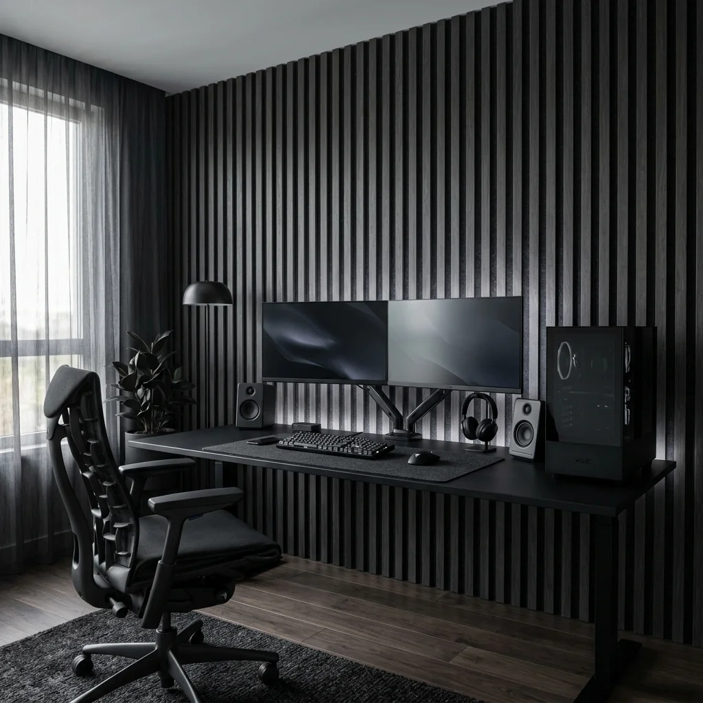 Black dual-monitor gaming setup against a charcoal slat wall
