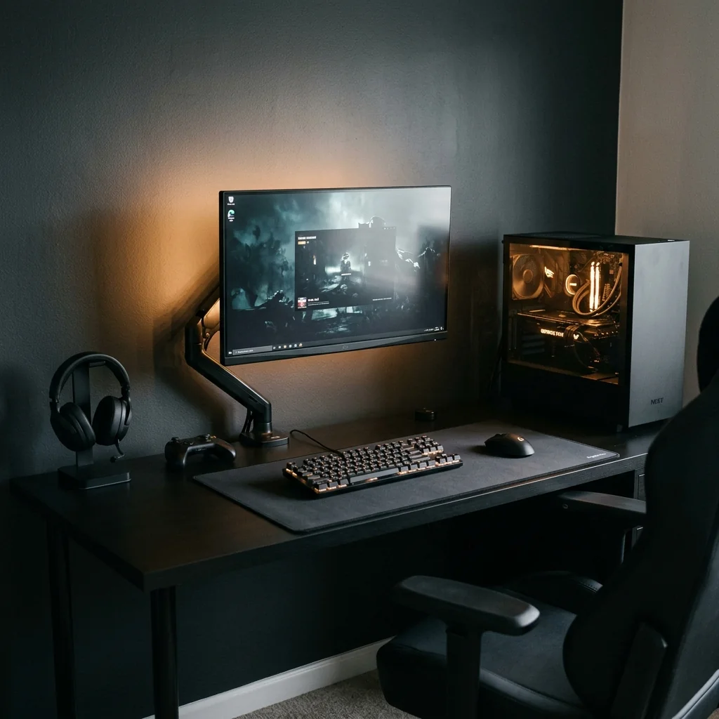 Matte black single-monitor gaming setup with an amber-lit PC tower and headset stand