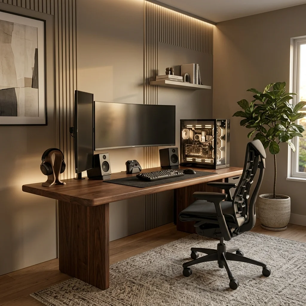 Modern walnut gaming desk with dual monitors, warm lighting, and an ergonomic chair