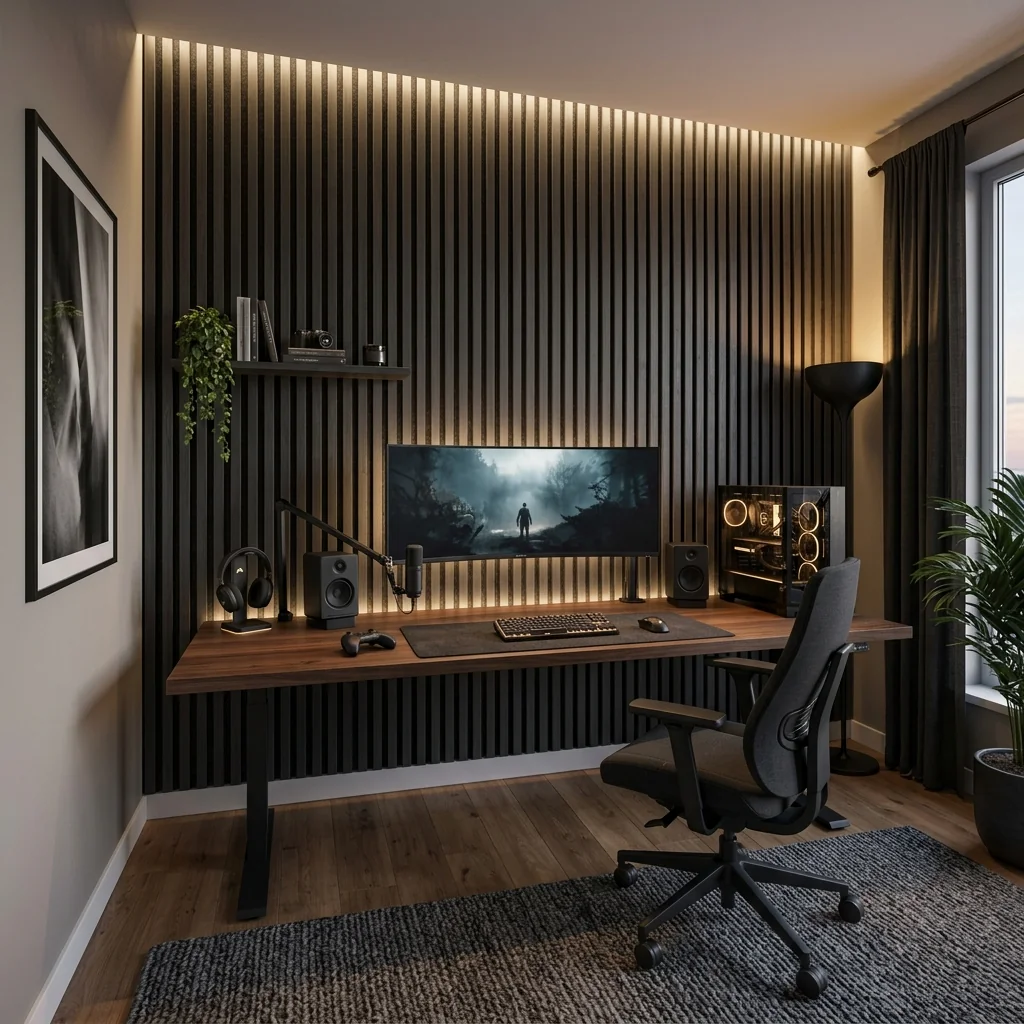 Single-screen gaming setup on a monitor arm against a dark slat wall