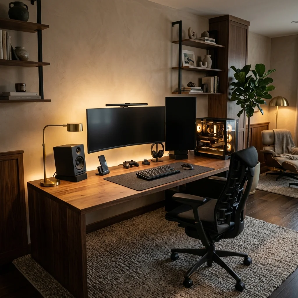 Warm gaming setup with a brass desk lamp and monitor light bar