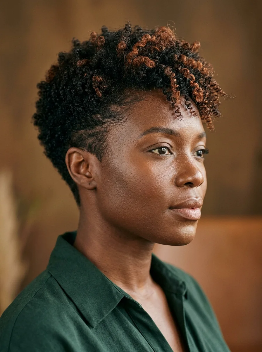 Black woman wearing a coily pixie with a curly fringe
