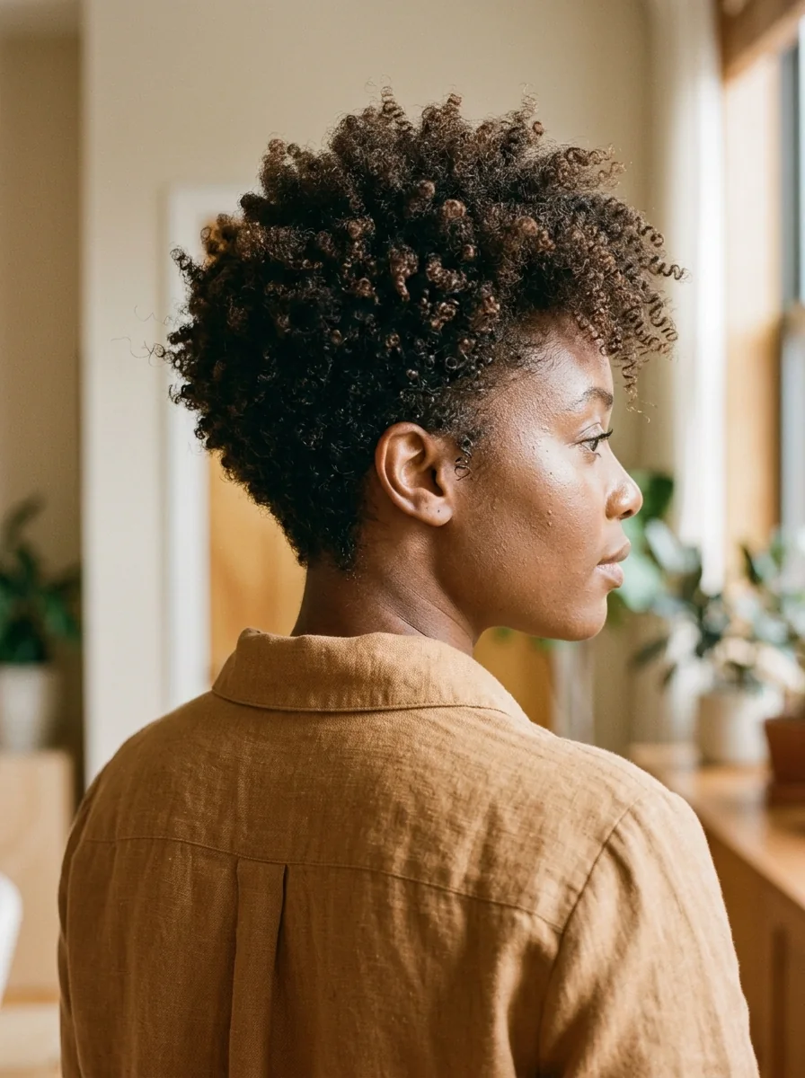 Black woman wearing a color-accent coily pixie hairstyle