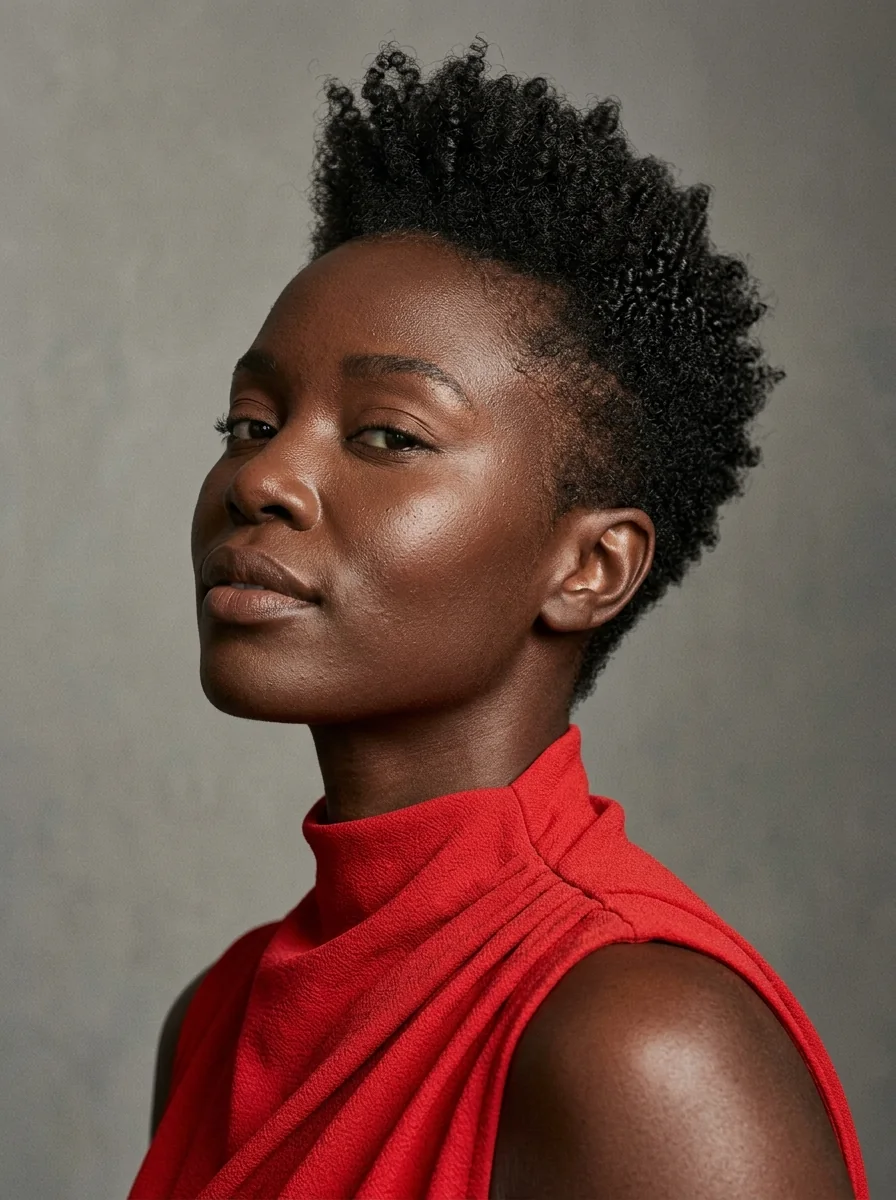Black woman wearing a high-top coily pixie hairstyle