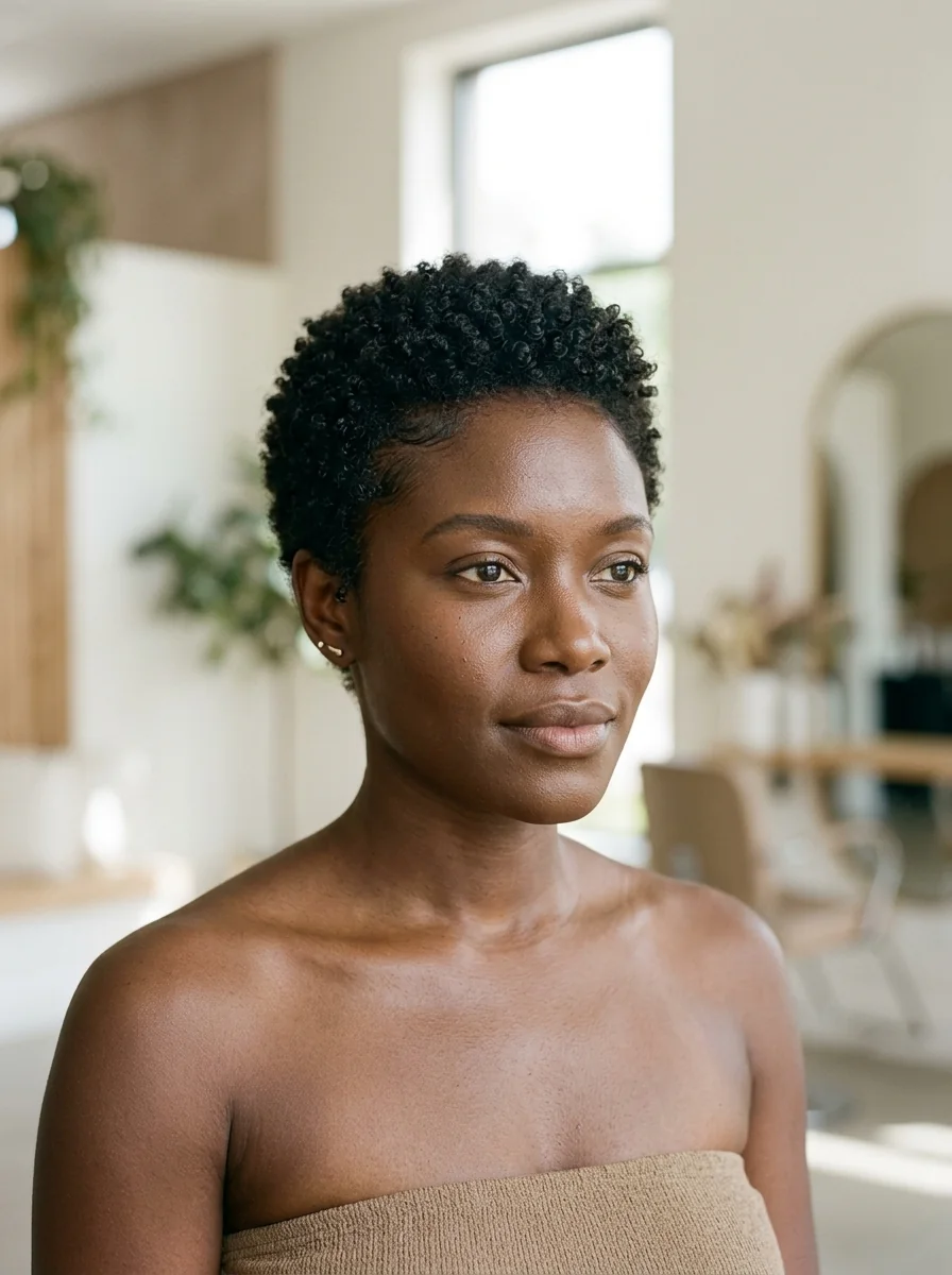 Black woman wearing a coily pixie with a sculpted hairline
