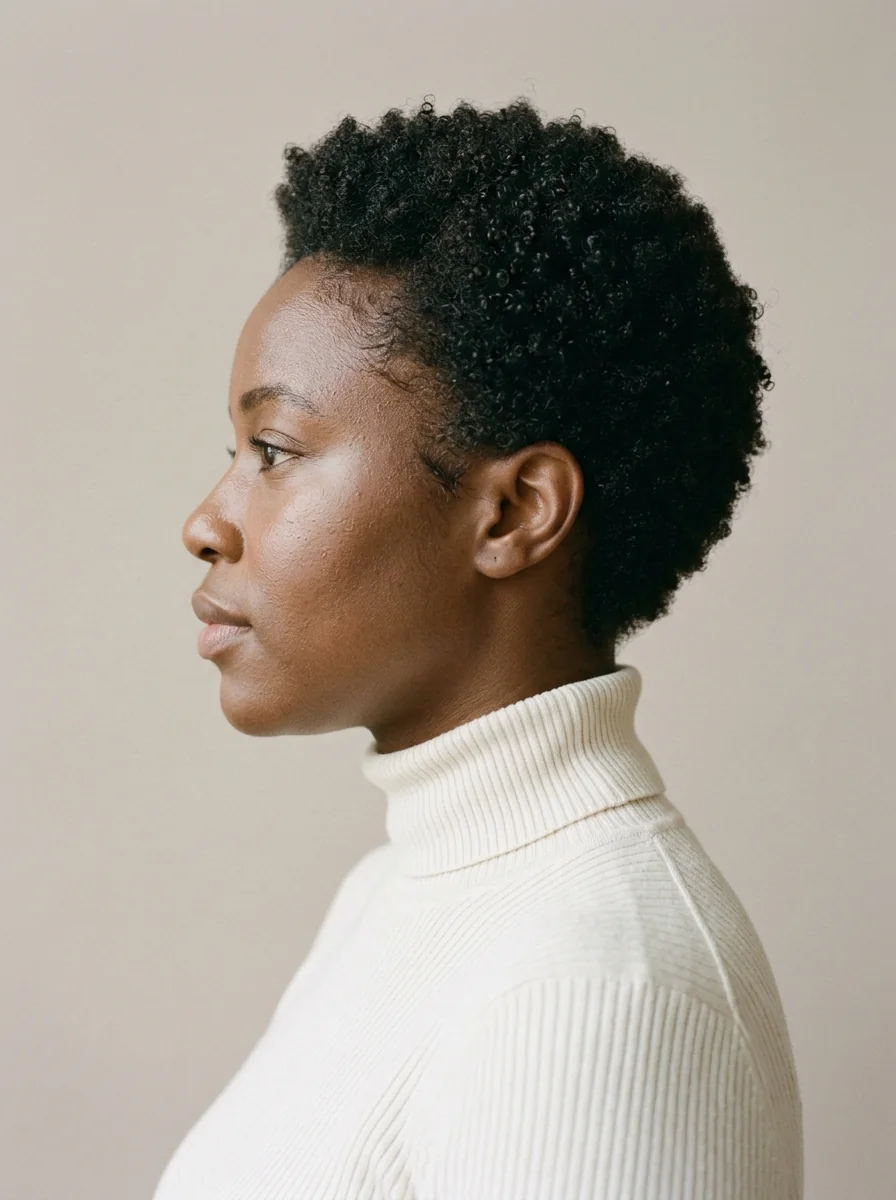 Black woman wearing a side-parted coily pixie hairstyle