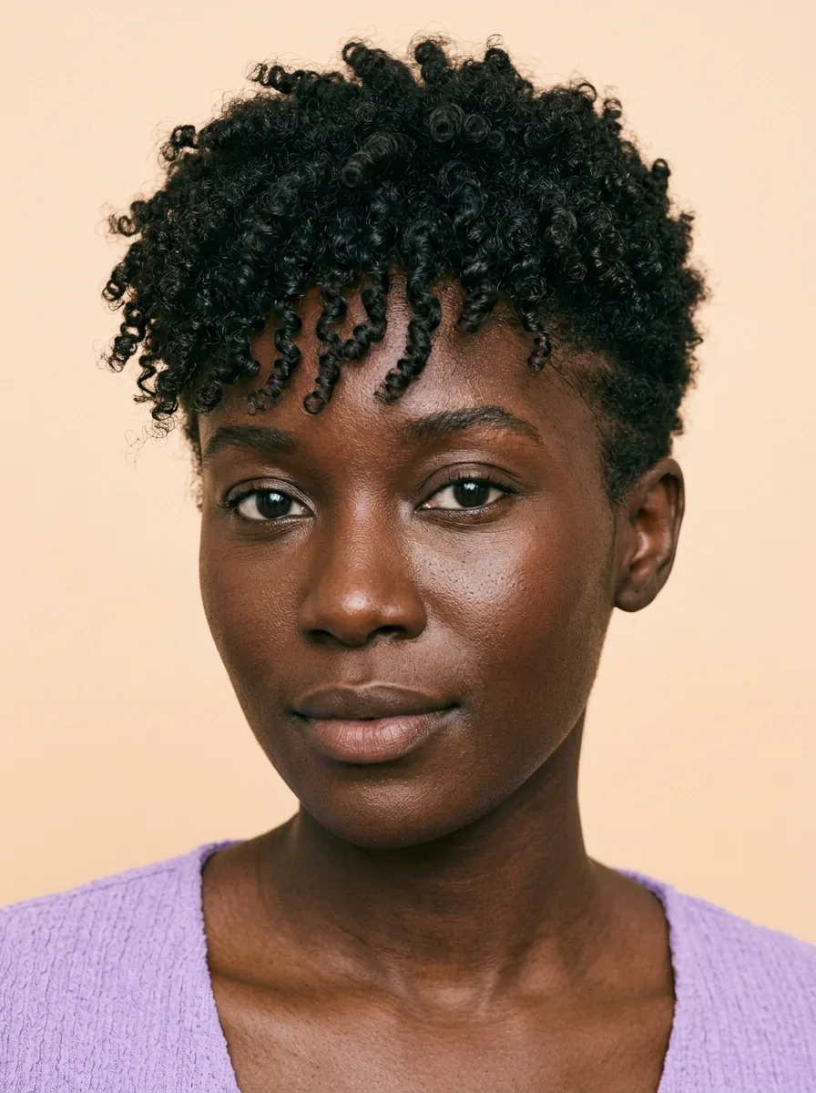 Black woman wearing a tapered coily pixie hairstyle