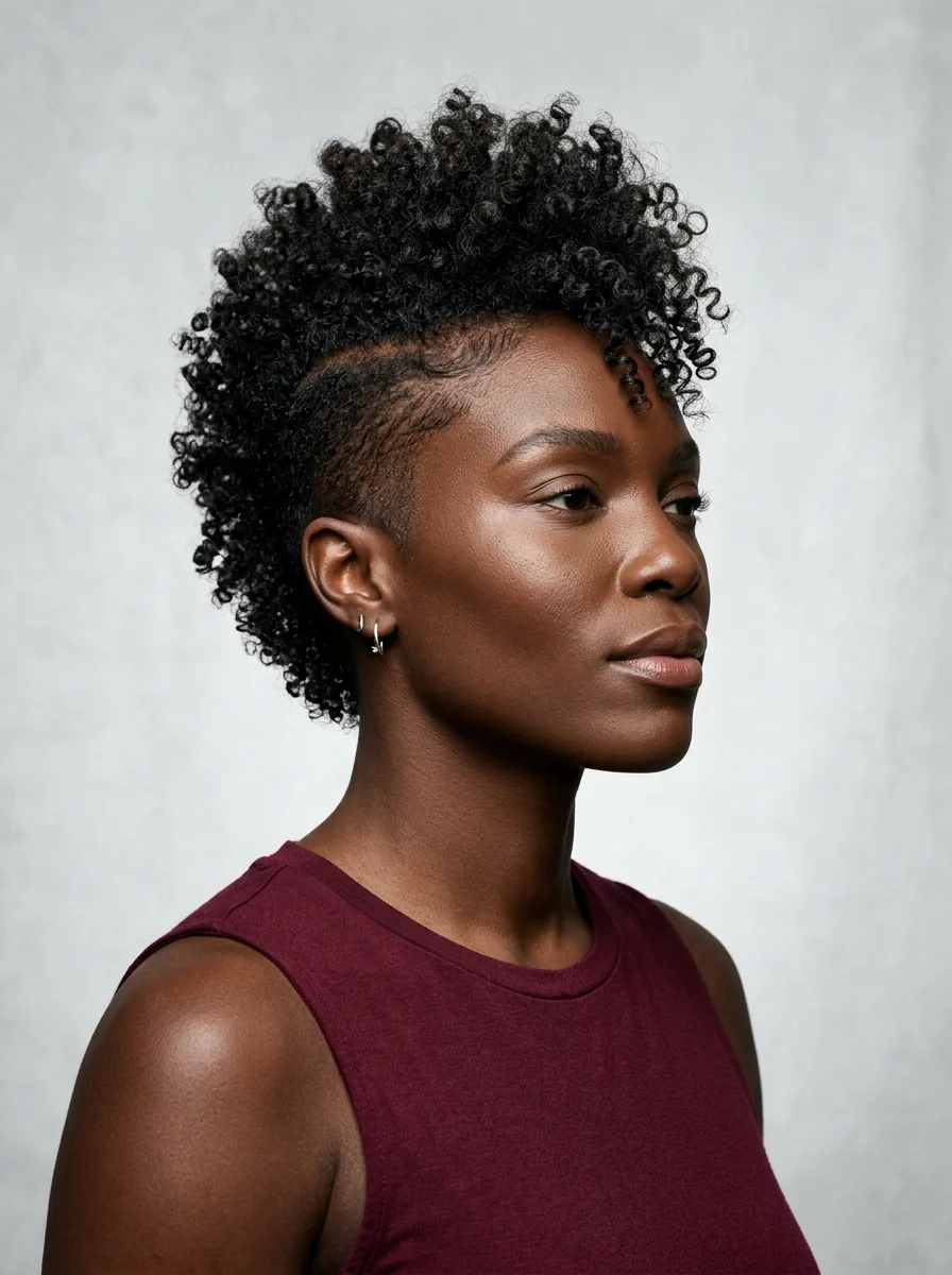 Black woman wearing a curly pixie with a deep side part