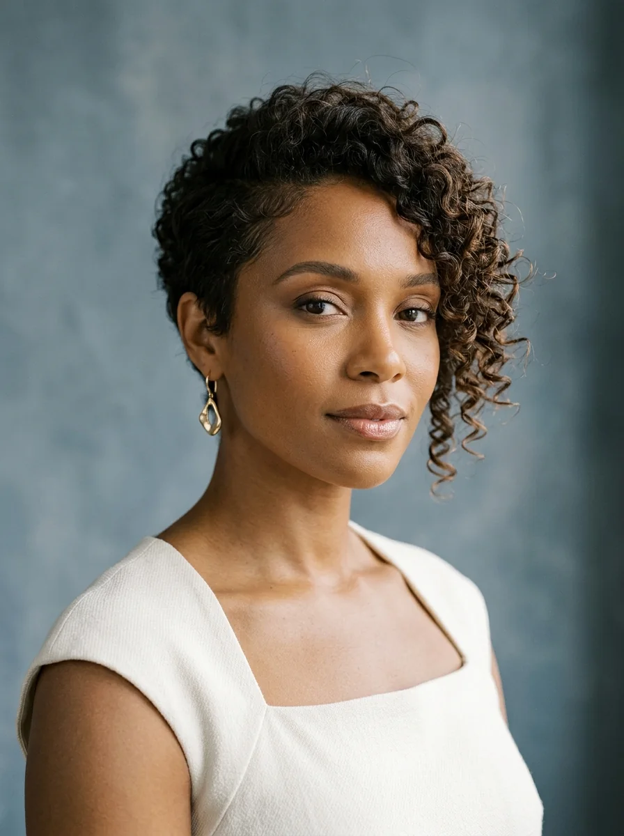 Black woman wearing a curly pixie bob hairstyle