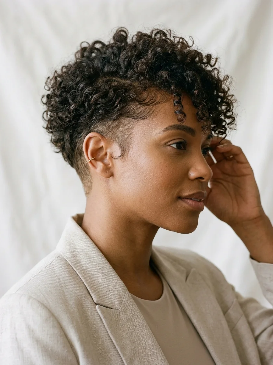 Black woman wearing a curly pixie with a side-swept fringe