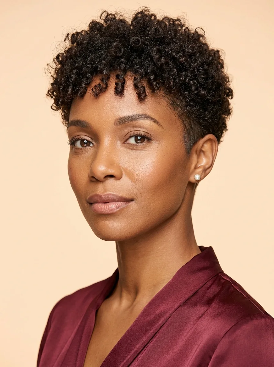 Black woman wearing a rounded curly crop pixie hairstyle