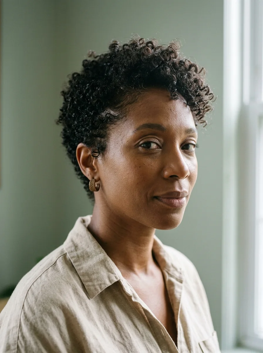 Black woman wearing a voluminous curly crown pixie hairstyle