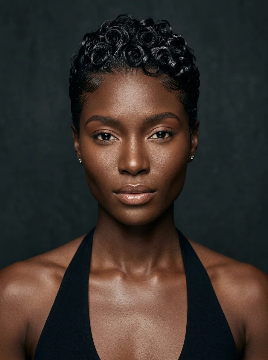 Black woman wearing a wet-look curly pixie hairstyle