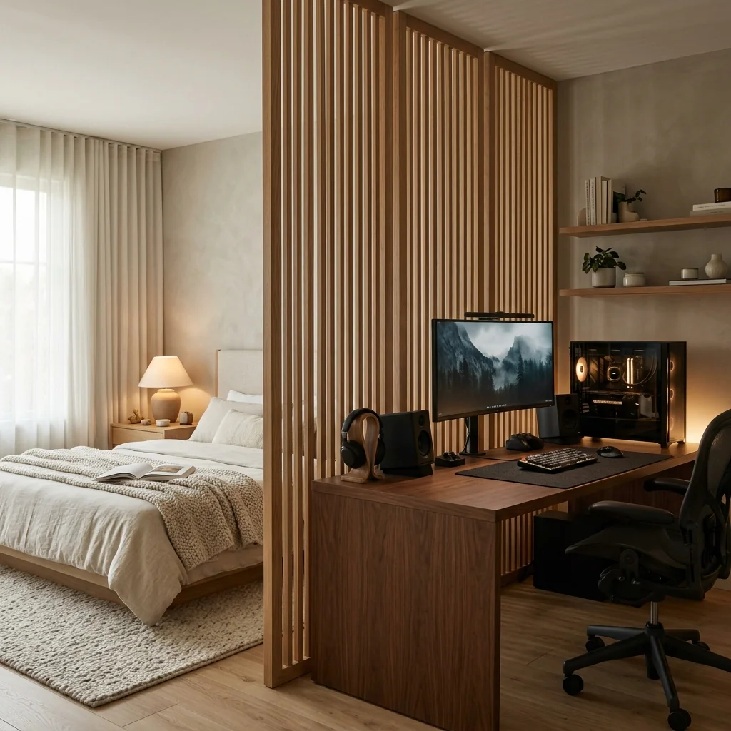 Gaming bedroom with an oak slat divider separating the bed from a wooden gaming desk