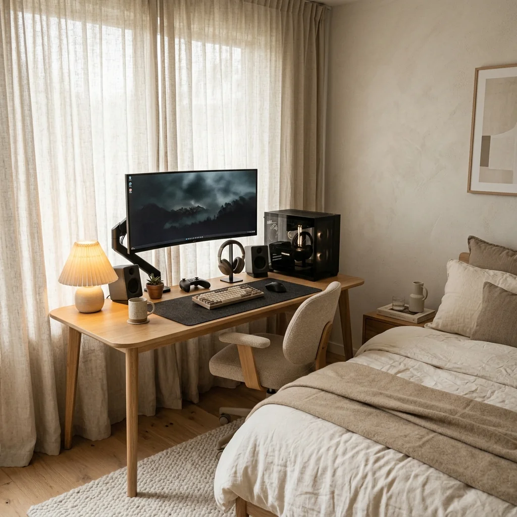 Oak gaming desk beside linen curtains and a bed with neutral bedding