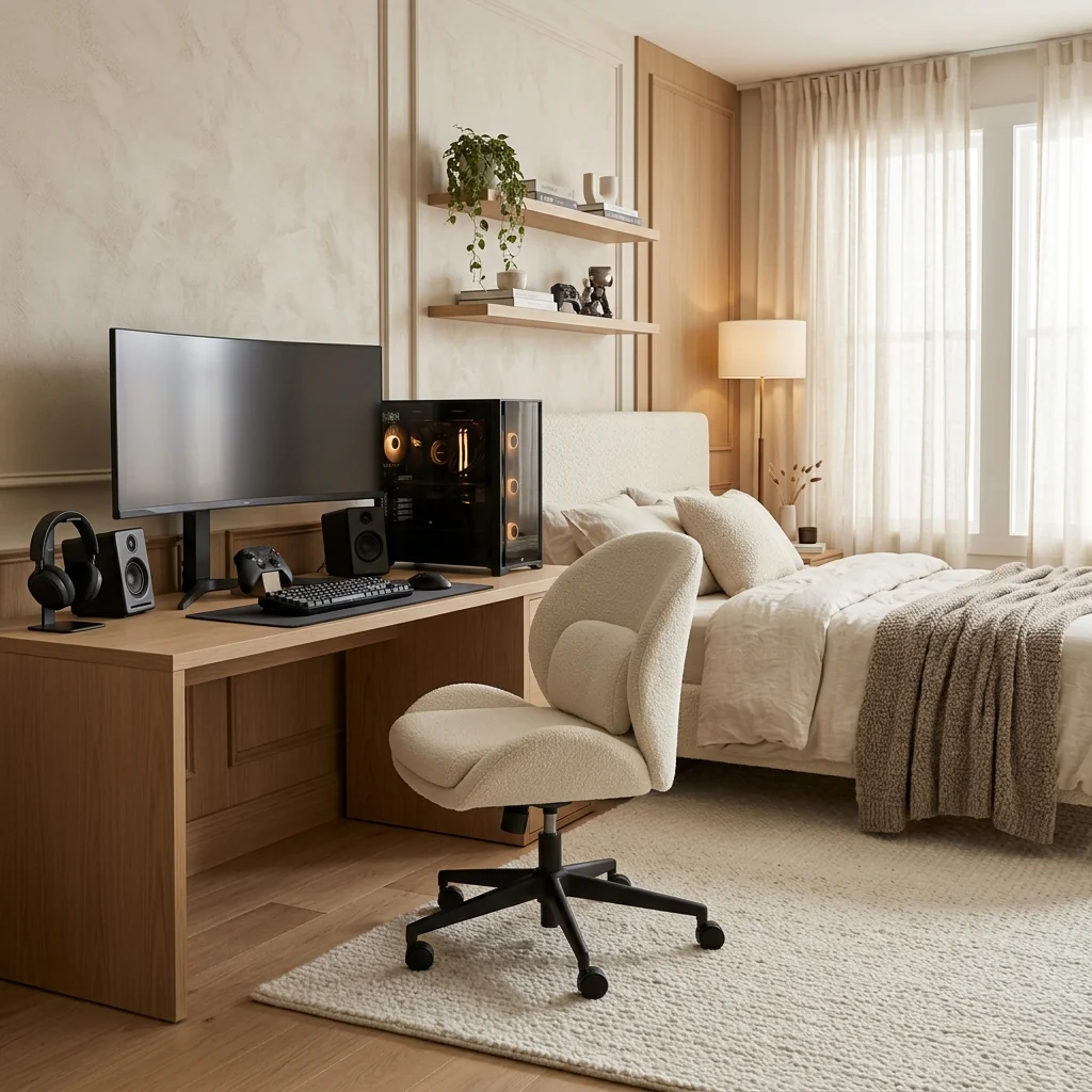 Cream upholstered swivel chair at a wooden gaming desk beside a neutral bed