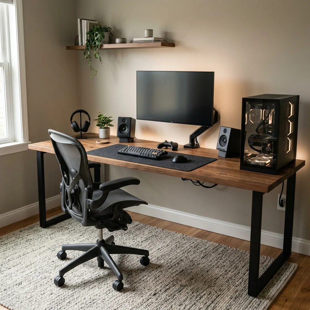 Walnut gaming desk with a spacious 60 by 30 inch surface