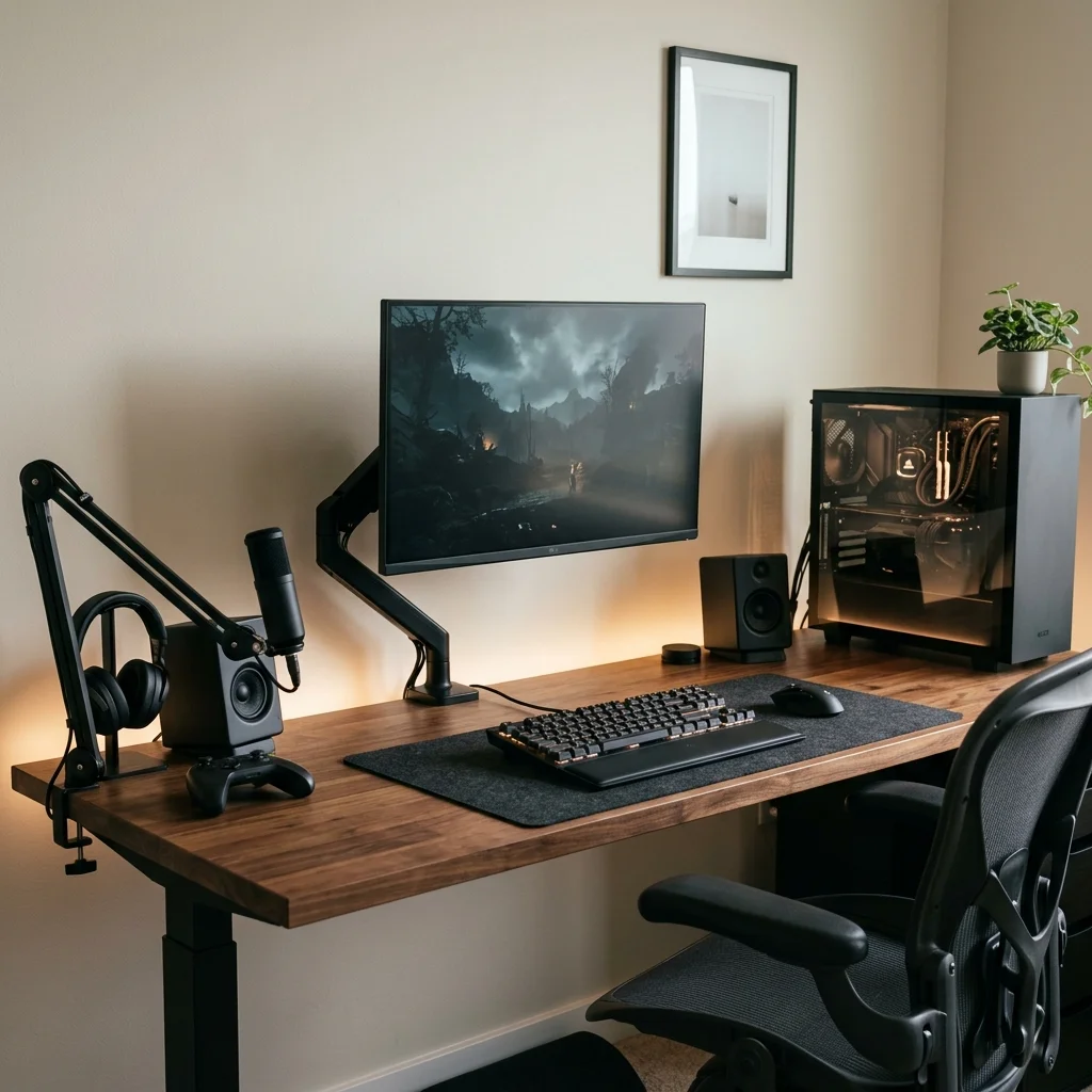 Gaming monitor mounted on an adjustable arm above a walnut desk