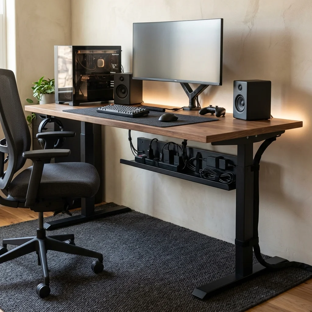 Gaming desk with an under-desk cable tray holding power adapters