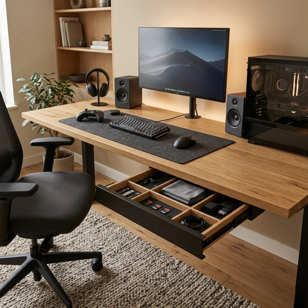 Gaming desk with a divided drawer for small accessories and cables