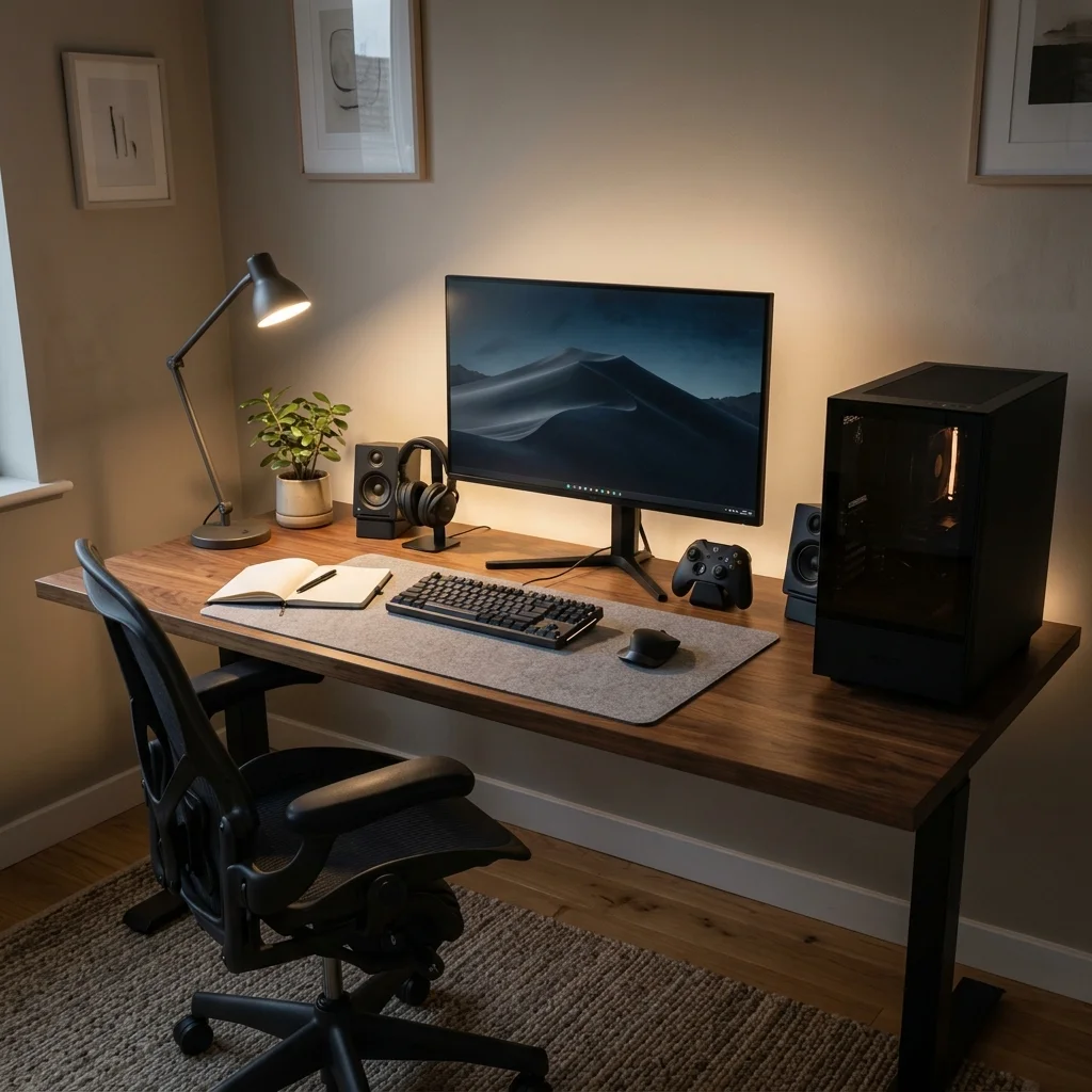 Gaming and work desk with a warm adjustable task light