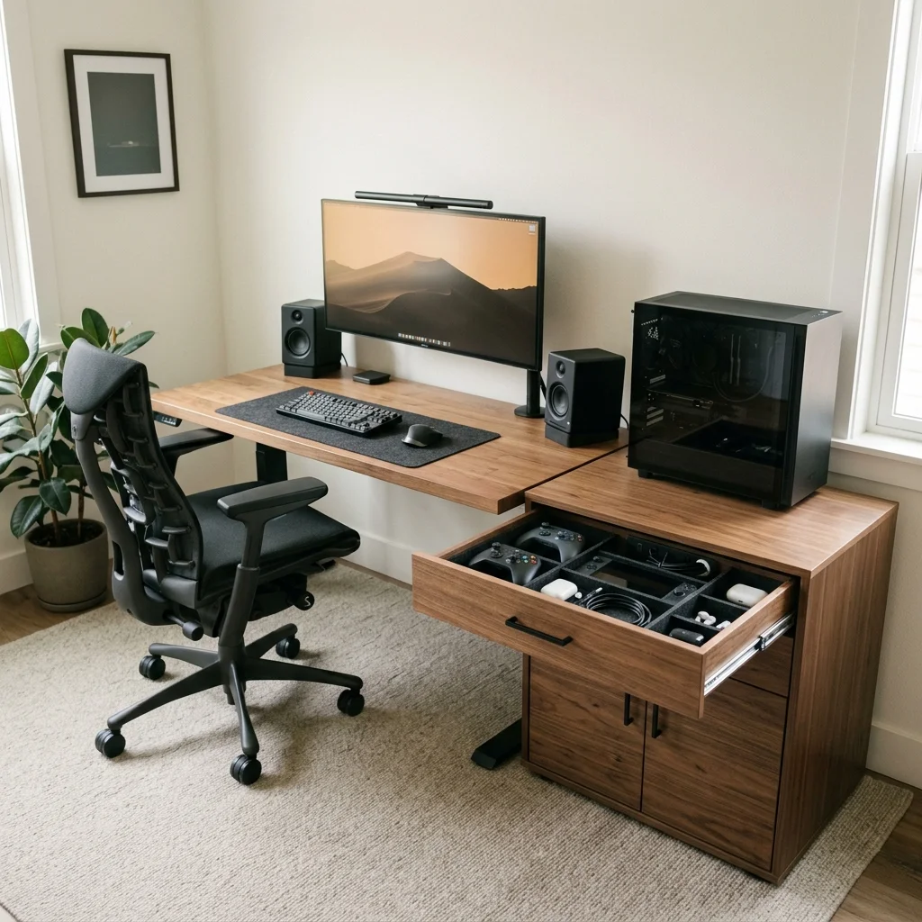 Gaming office with closed storage for controllers and gaming accessories