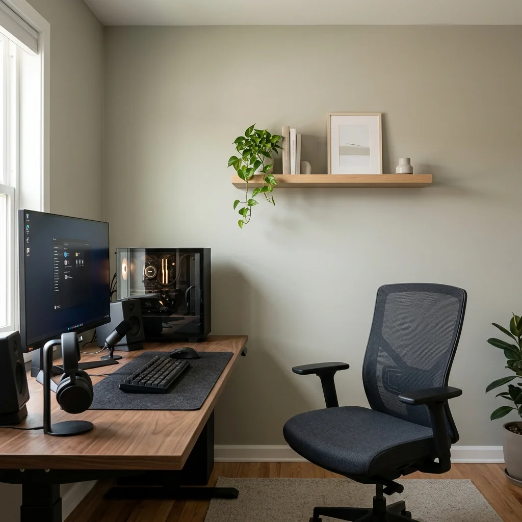 Neutral gaming office wall with a floating shelf and simple decor