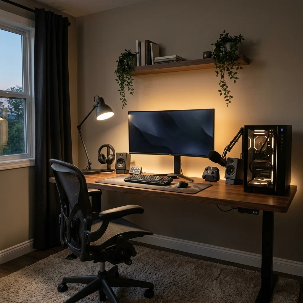 Gaming office with separate warm task and monitor lighting