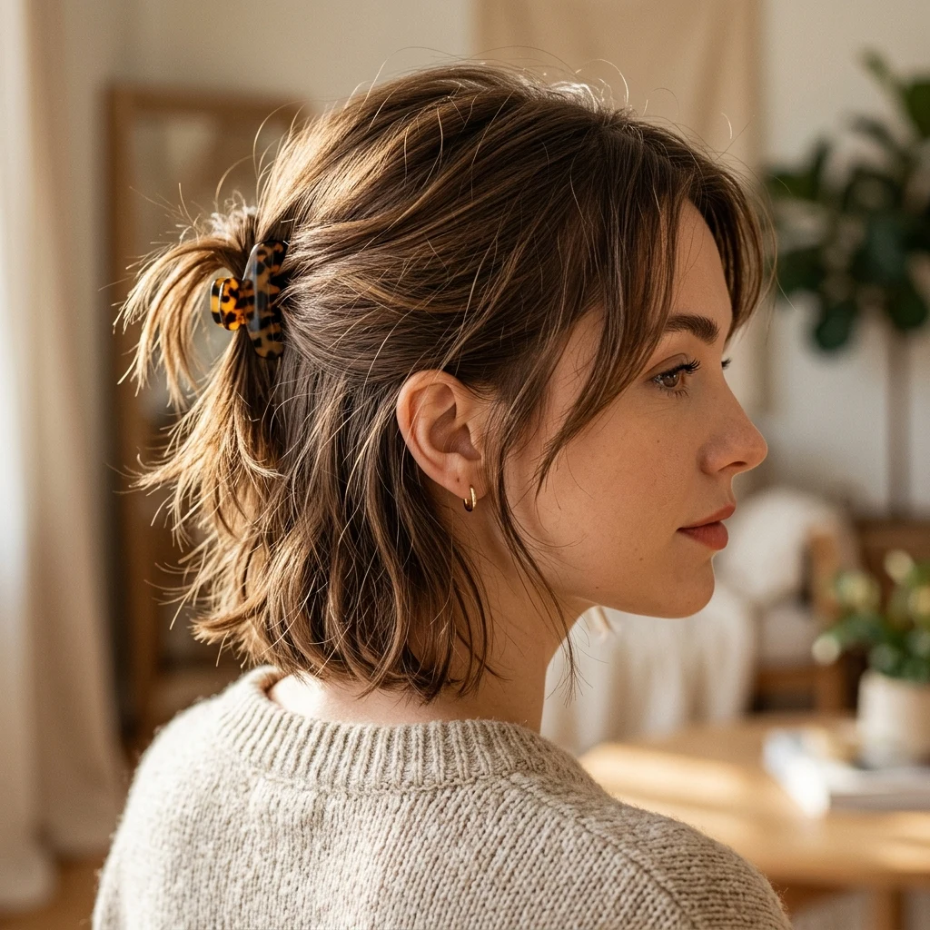 Short hair styled half-up with a small claw clip