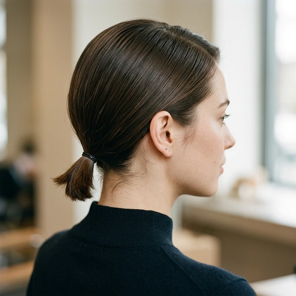 Short hair styled into a sleek low ponytail
