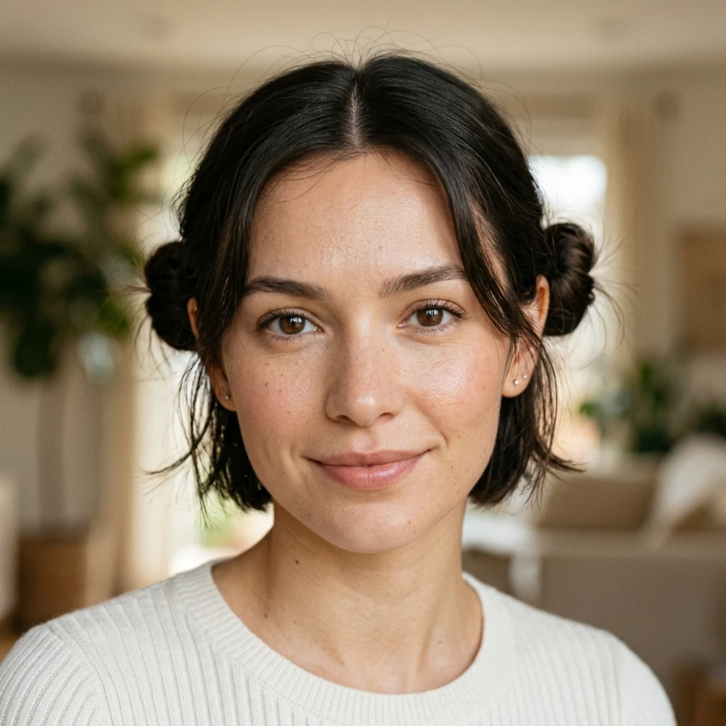 Short hair styled into two compact mini buns