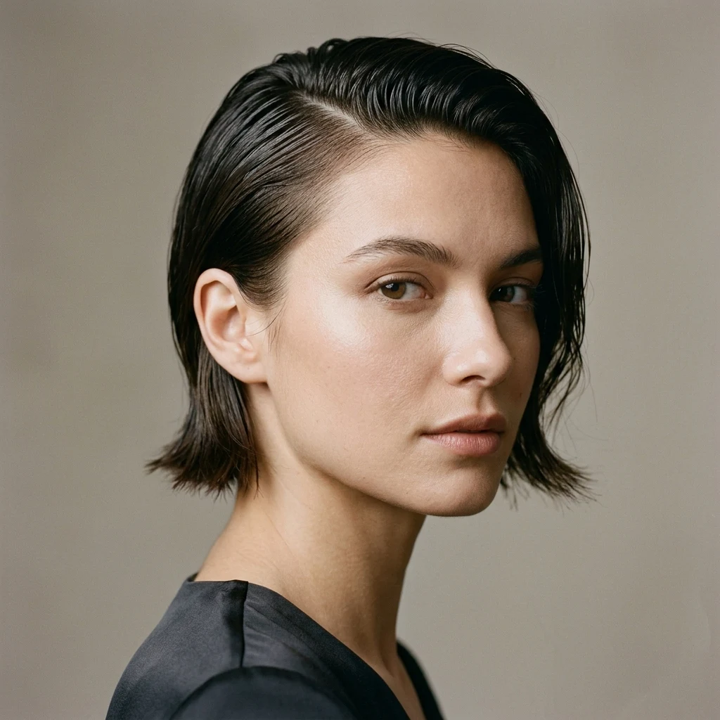 Short hair styled with a sleek wet-look side tuck