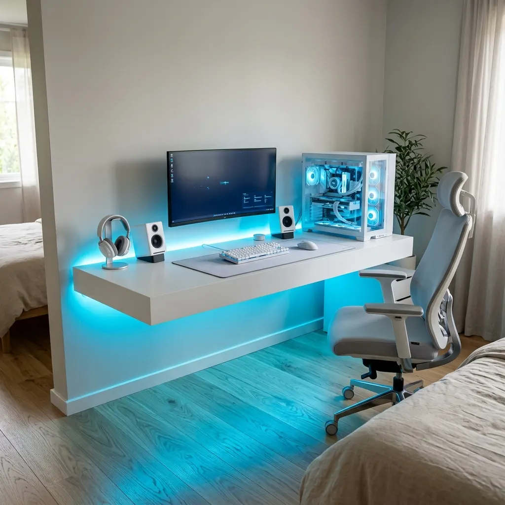White floating gaming desk with bright cyan LED underglow lighting the wall and wood floor