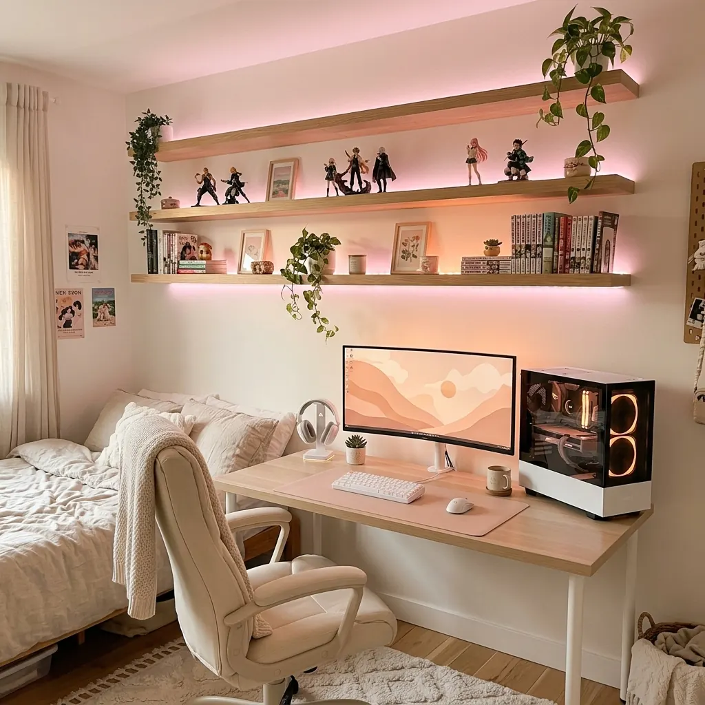 White gaming bedroom with pink LED-lit floating shelves above a light wood gaming desk