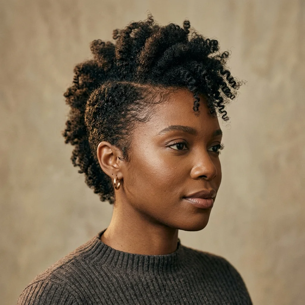 Black woman wearing a short coily tapered pixie haircut